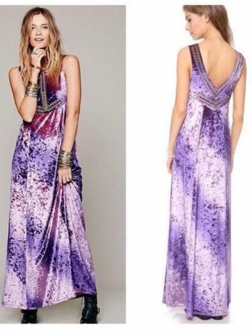 Free People Purple Velvet Embroidered V‑Back Maxi Dress